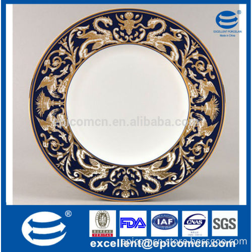 Daily Collection Super White porcelain Serving plate, rim edge golden plates, Blue & Gold Dinner Set